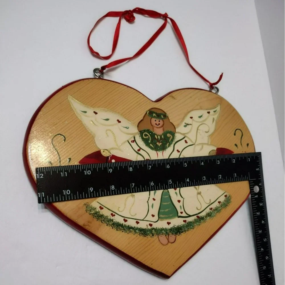 Vintage Christmas Heart-Shape Wood Sign Holiday Angel Hand Painted Mexico 1995